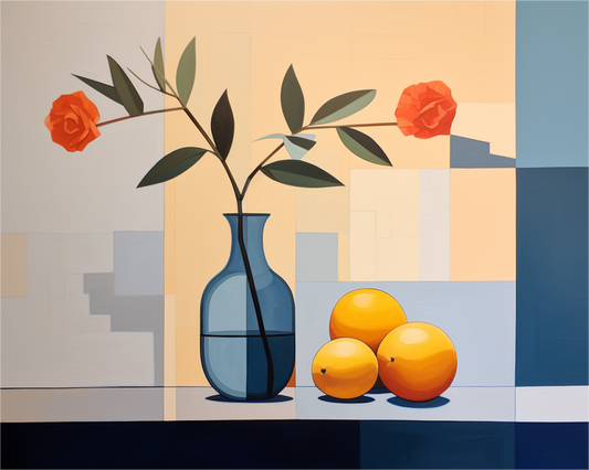 Still life with a blue vase, oranges, and flowers on a geometric patterned background