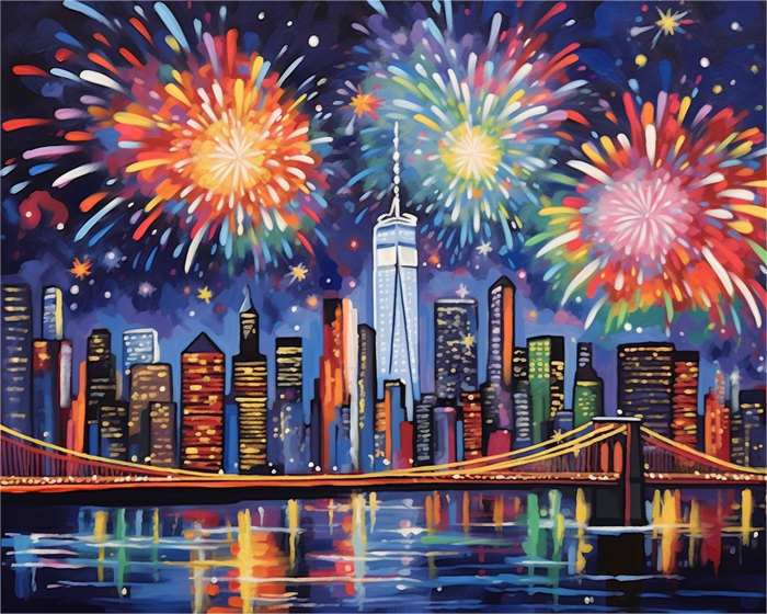 City skyline with fireworks over a bridge and water reflection