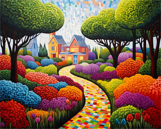 Colorful garden scene with a house in the background