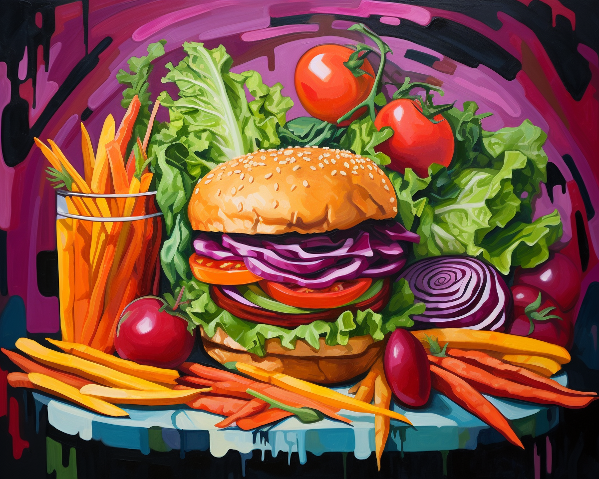 Colorful illustration of a burger with vegetables and fries on a vibrant background