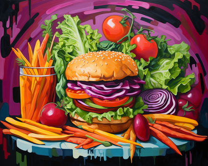 Colorful illustration of a burger with vegetables and fries on a vibrant background