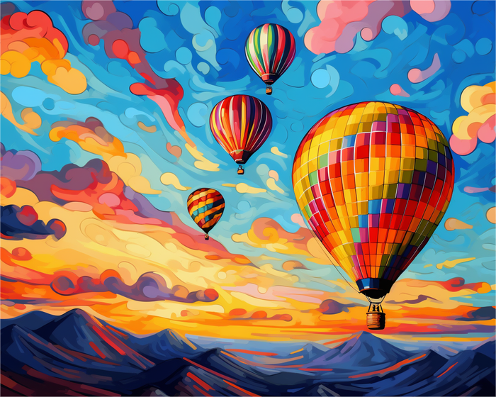 Colorful hot air balloons in a vibrant sky with mountains