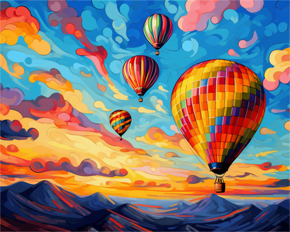 Colorful hot air balloons in a vibrant sky with mountains