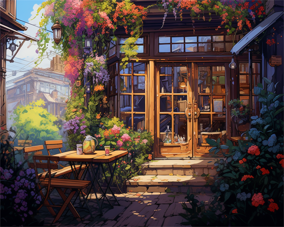 Cozy outdoor seating area with flowers and a building entrance
