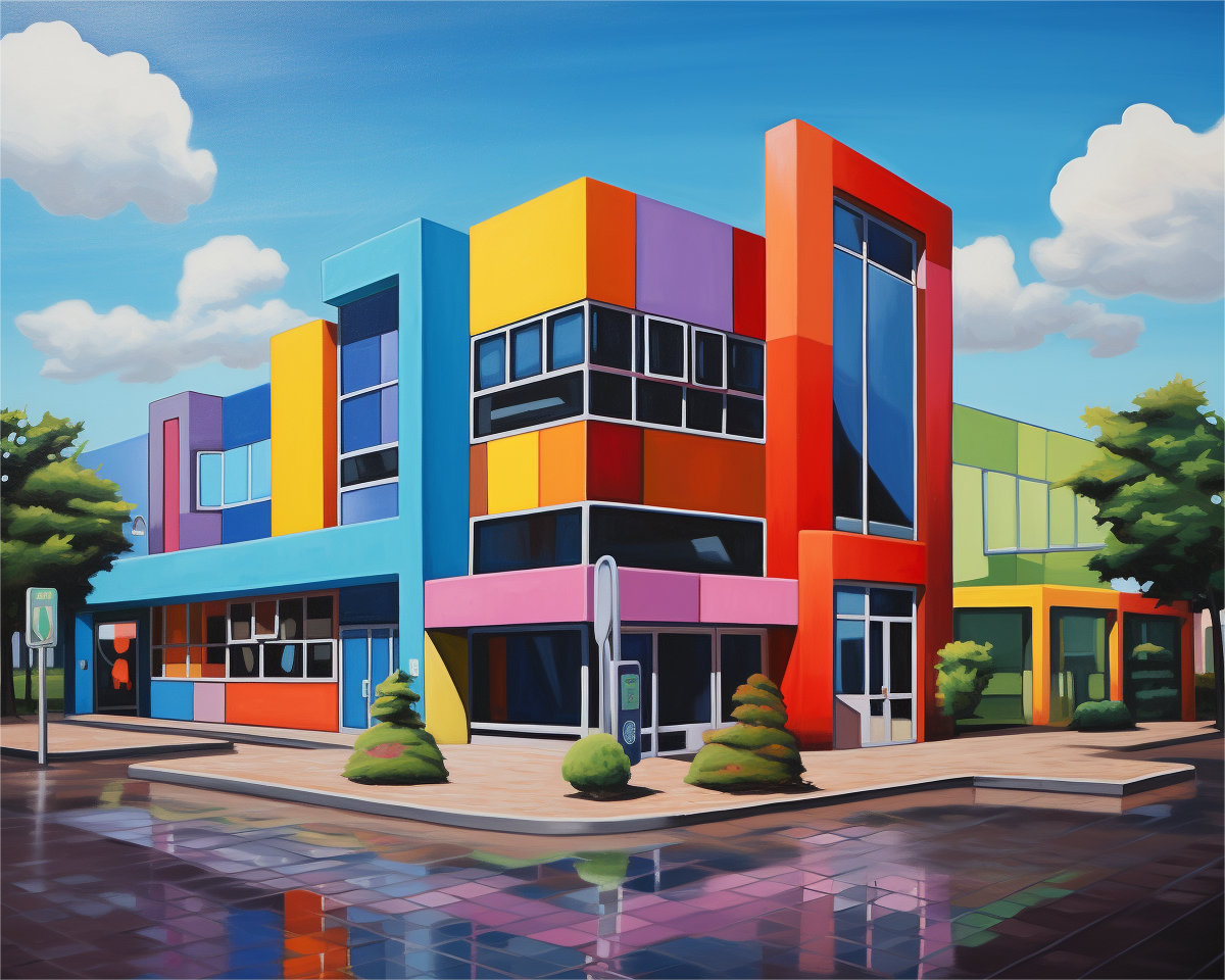 Colorful geometric building in an urban setting with trees and a clear sky.