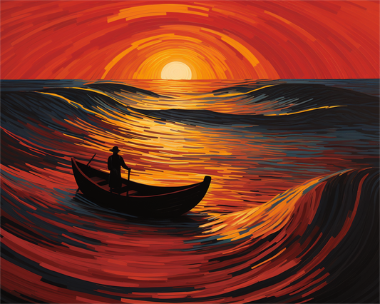 Surreal artwork of a person in a boat on swirling water with a glowing orange sun in the background.