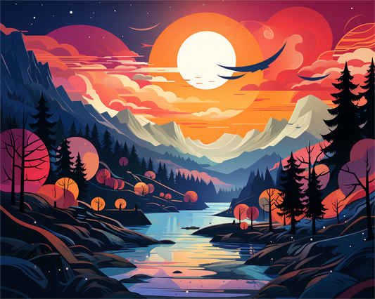 Colorful landscape with mountains, trees, and a river under a vibrant sunset.