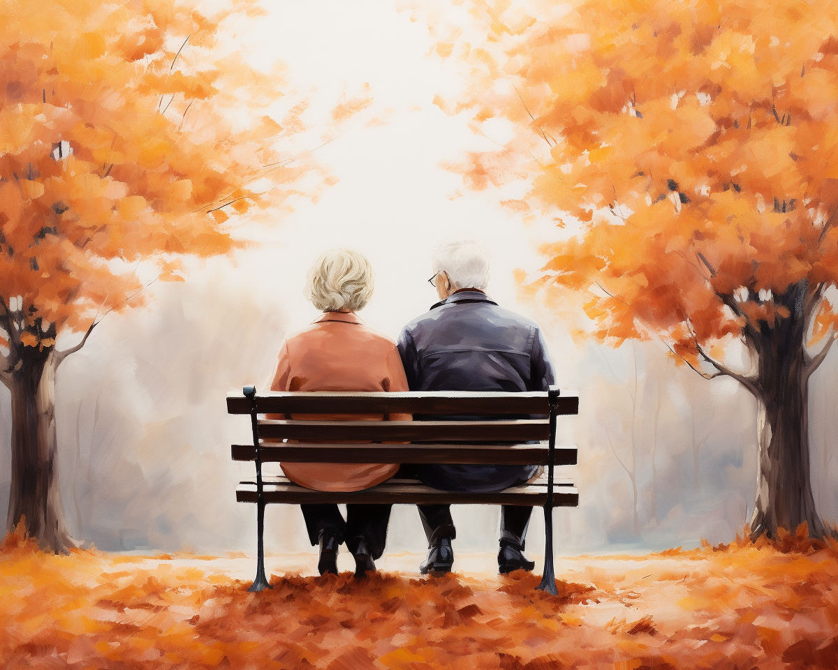 Two elderly people sitting on a bench in an autumn setting with orange leaves and trees.