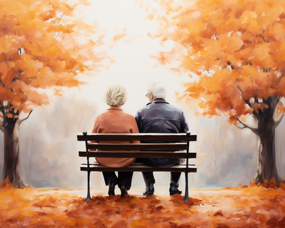 Two elderly people sitting on a bench in an autumn setting with orange leaves and trees.