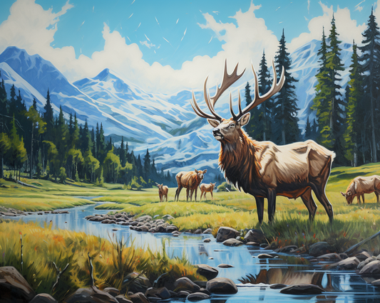 Elk by the Mountain Stream - 40x50 cm