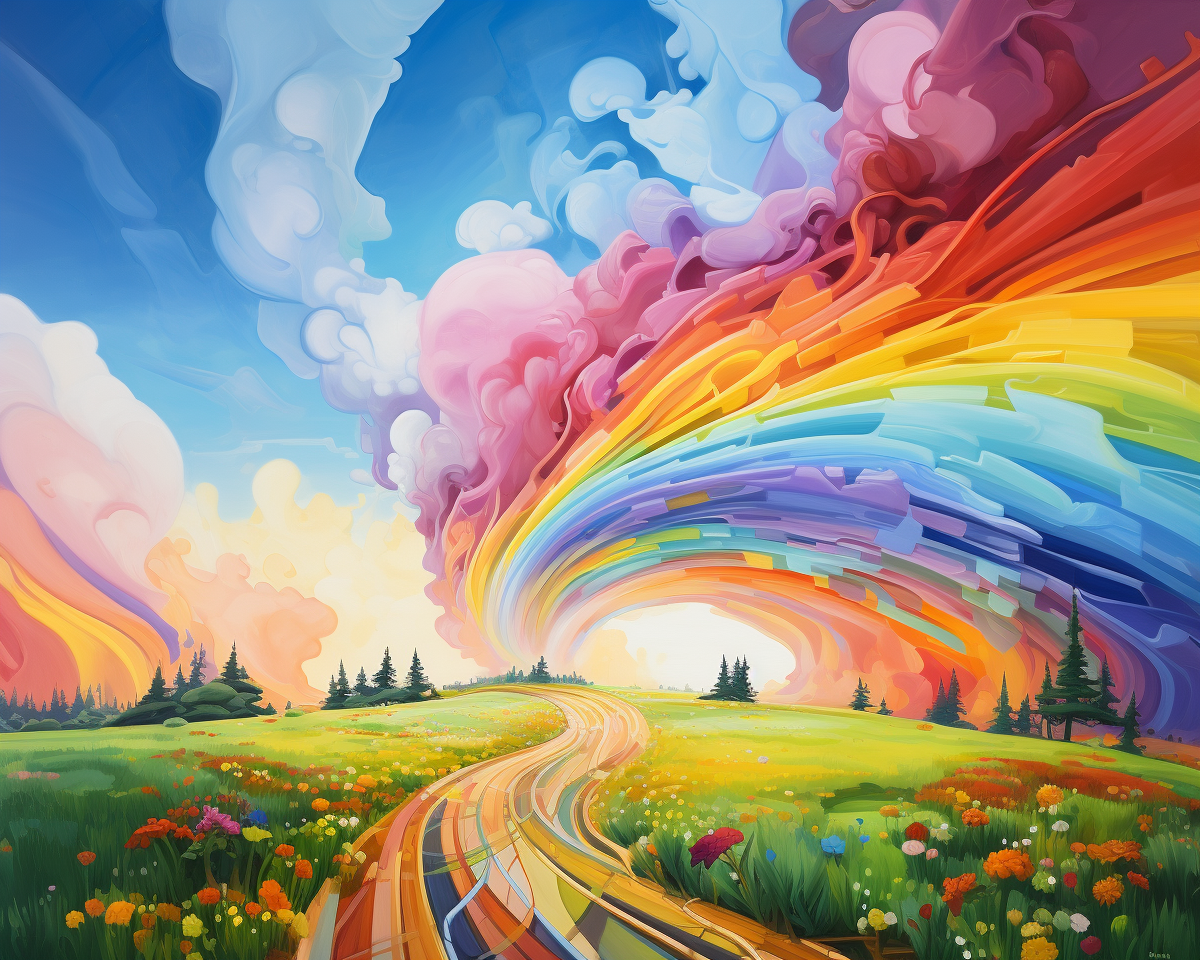 Colorful landscape with a rainbow arch over a winding road and fields.