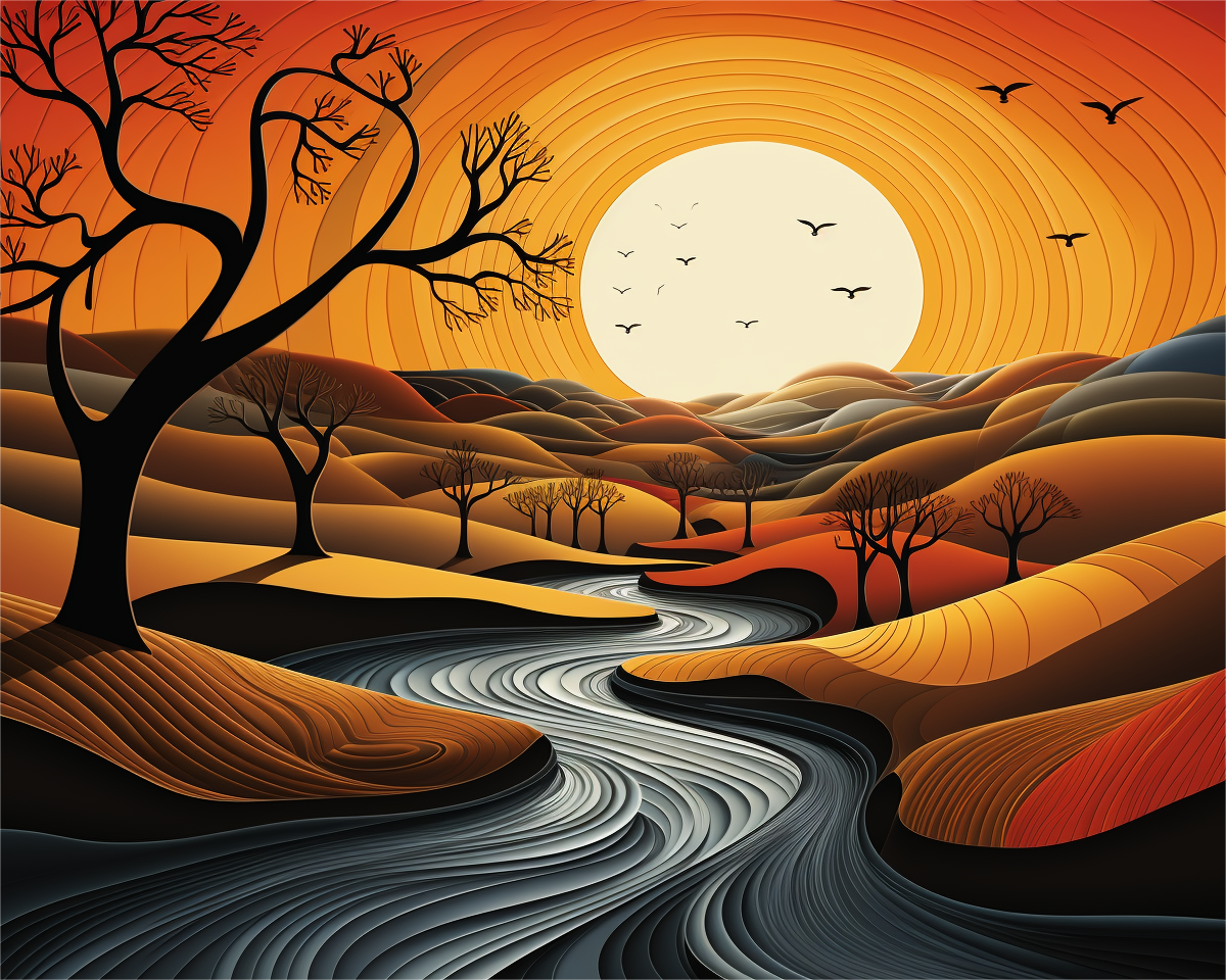 Artistic depiction of a landscape with trees, a river, and a large sun or moon in the sky.