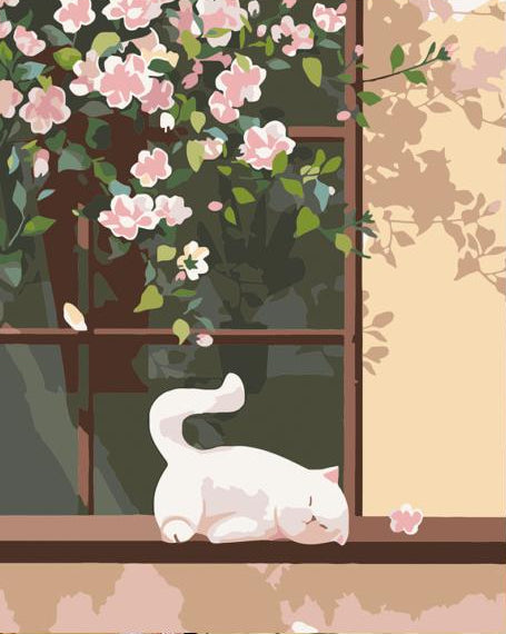  a cat by a window with flowers,