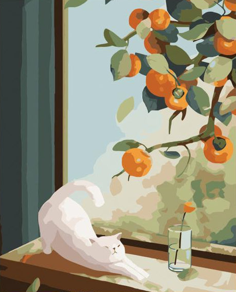 a cat by a window with an orange tree