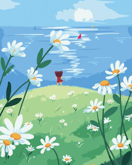 scenic landscape with flowers and a child
