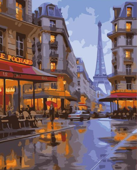 A city street scene with the Eiffel Tower