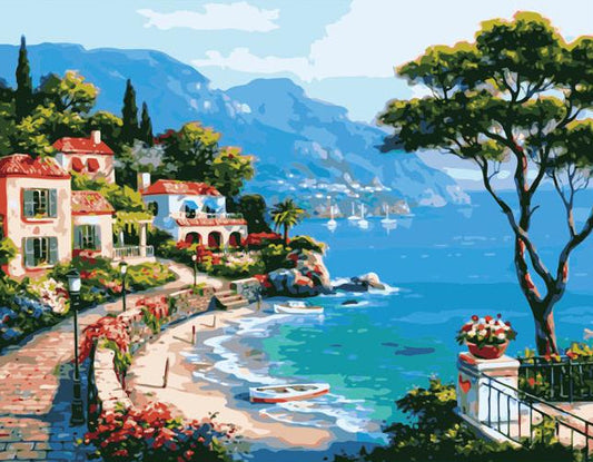 Painting of a coastal scene with houses and mountains