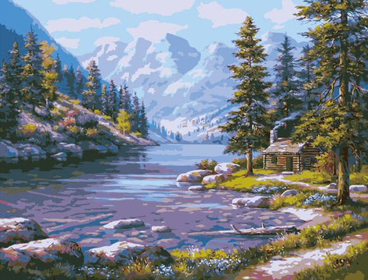 Painting of a mountain landscape with a lake and cabin