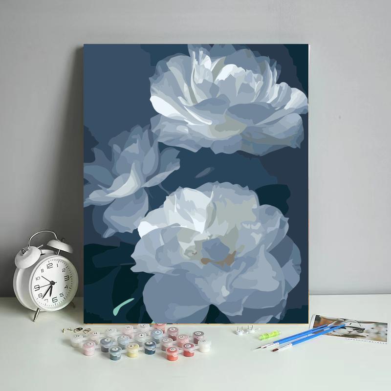 White Peonies in Midnight Blue - 40x50 cm paint by numbers kit