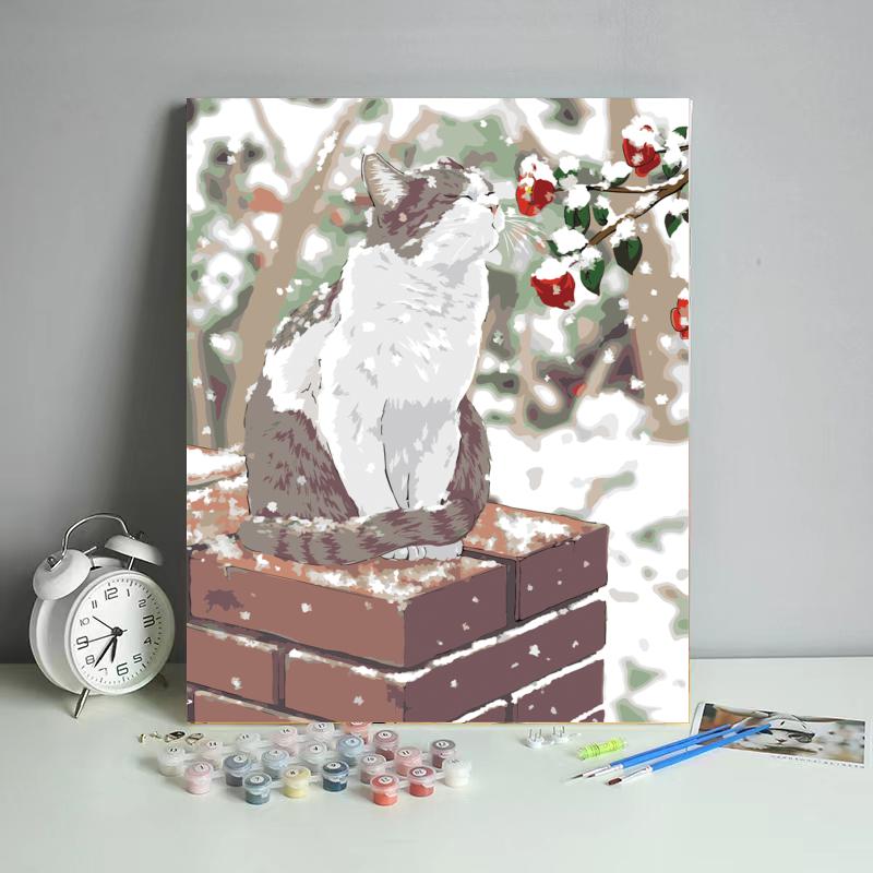 Snowy Cat and Red Berries - 40x50 cm paint by numbers kit