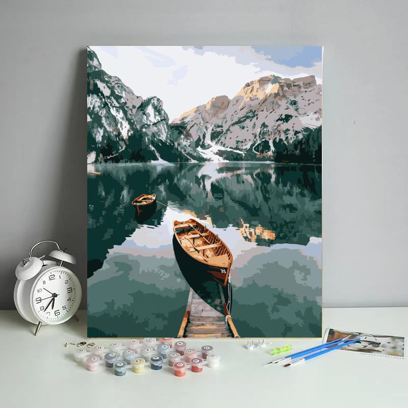 Quiet Mountain Lake Boats - 40x50 cm paint by numbers kit