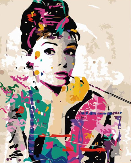 Colorful abstract painting of a woman on a gray wall