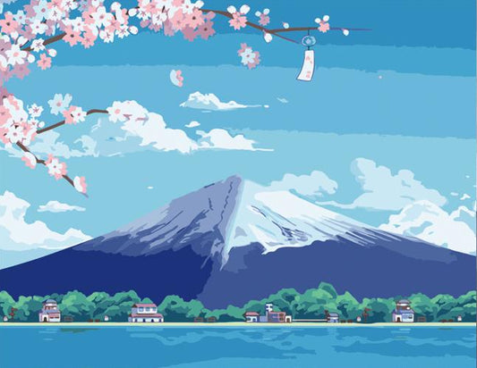 A mountain landscape with cherry blossoms 