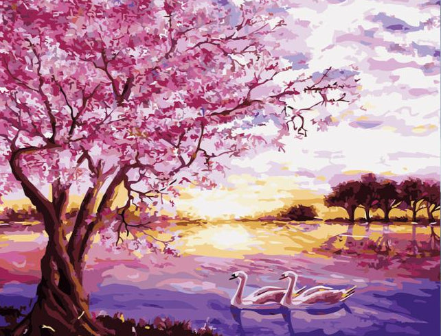 Painting of a cherry blossom tree and swans on a lake