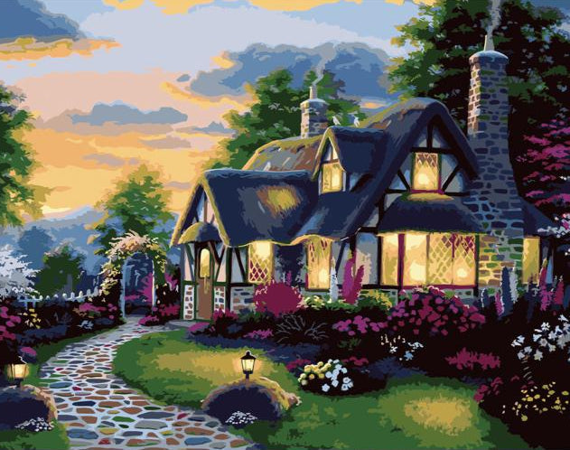 Painting of a cozy cottage with a garden