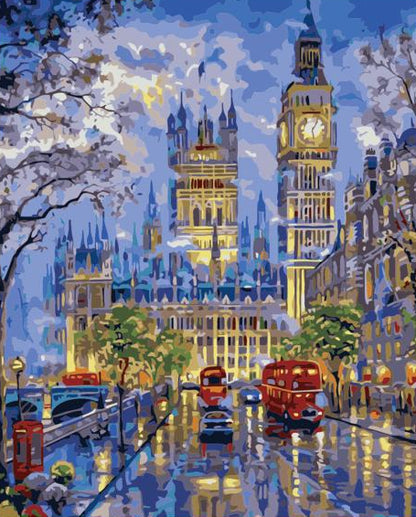 Painting of a cityscape with a clock tower, cars, and a phone booth.