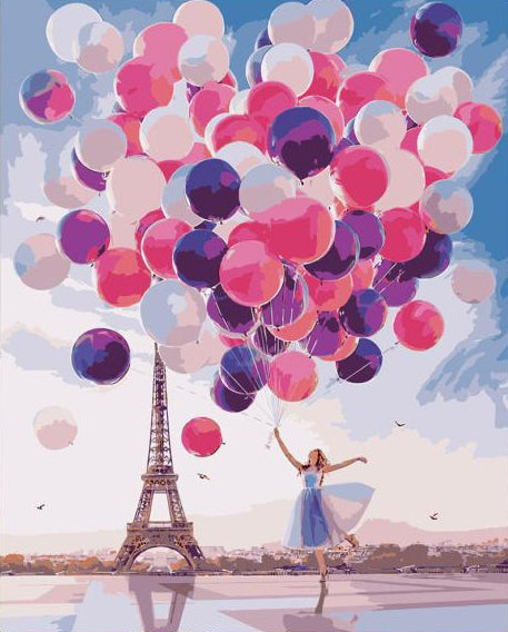 Poster of a woman with balloons near the Eiffel Tower