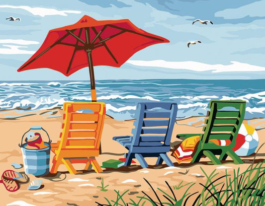 Colorful beach scene painting with chairs and an umbrella