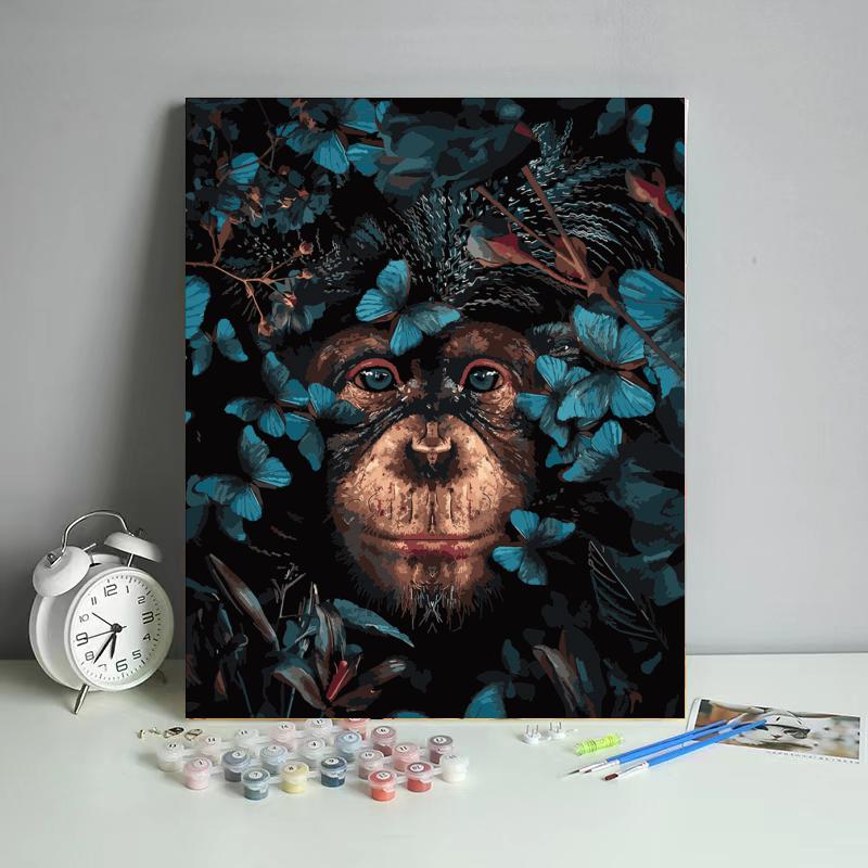 Chimpanzee in Blue Butterflies - 40x50 cm paint by numbers kit
