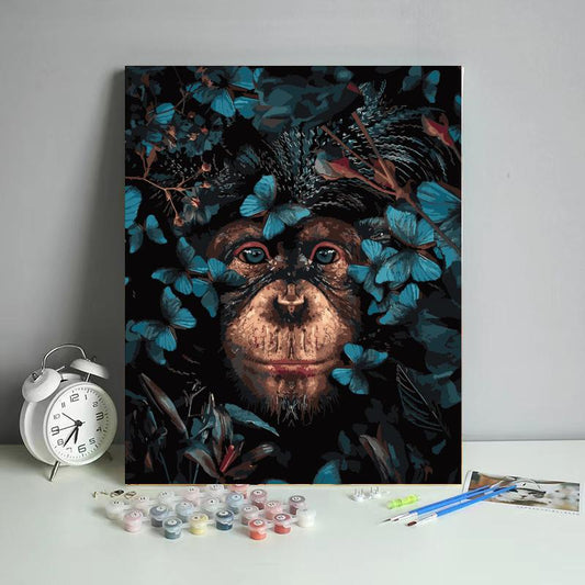 Chimpanzee in Blue Butterflies - 40x50 cm paint by numbers kit