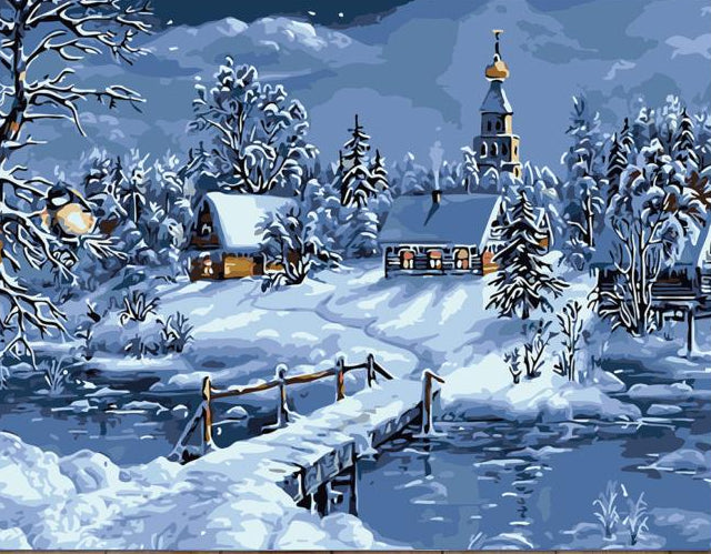 Snowy Village by the River - 40x50 cm paint by numbers kit