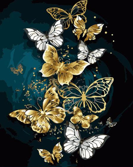 Gold and white butterflies on a dark blue background