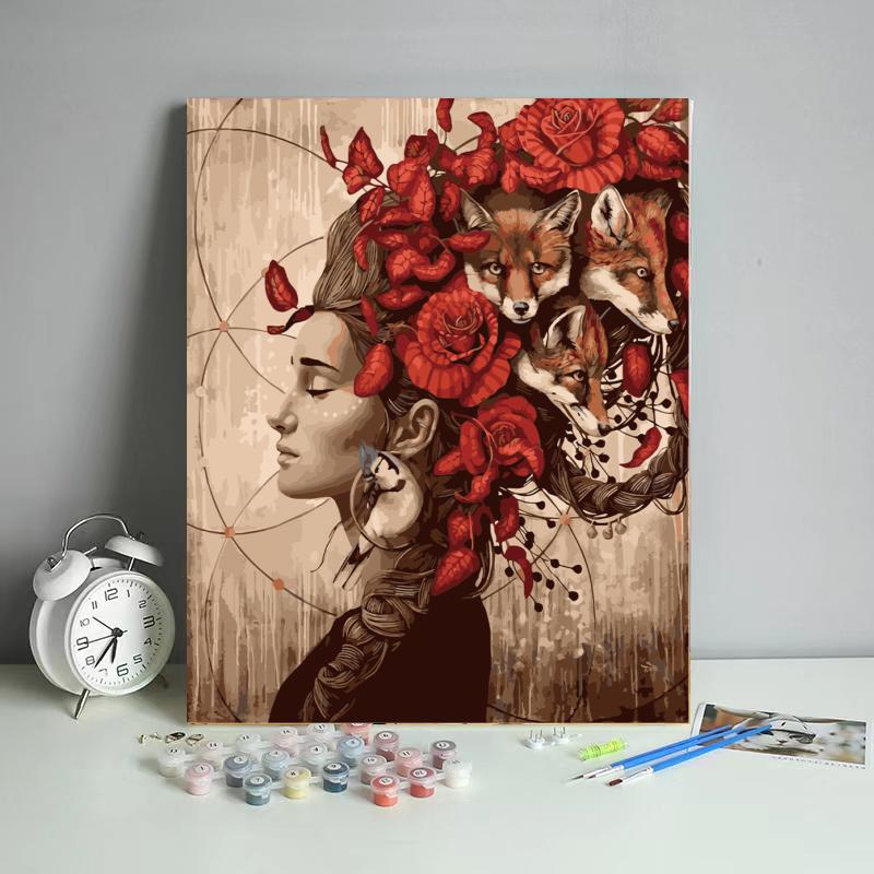 Foxes and Crimson Roses - 40x50 cm paint by numbers kit