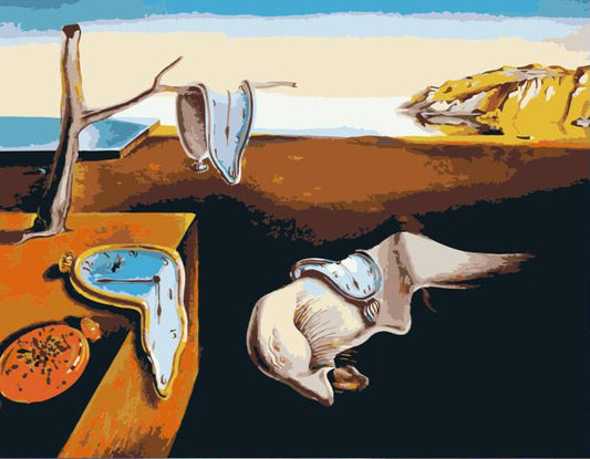A canvas painting of a surreal landscape with melting clocks, displayed on a wooden surface against a white brick wall. The painting features a blue sky, a brown and black ground, and melting clock motifs in blue, beige, and orange.