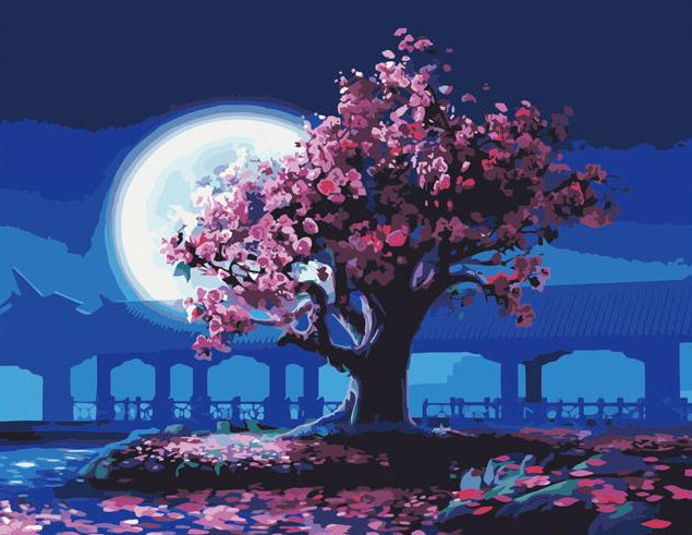 Cherry blossom tree with pink flowers under a full moon in a serene landscape.