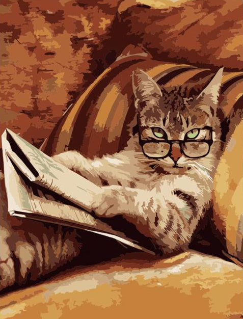 Cat wearing glasses reading a newspaper on a textured surface