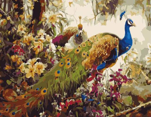 Painting of a peacock in a floral setting on a wooden floor with art supplies.