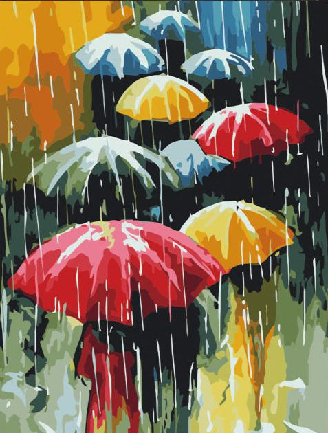 Colorful umbrellas in a rain scene with abstract art style