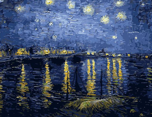 Painting of a night scene with lights reflected in water