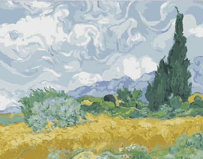 A canvas painting of a landscape in a post-impressionist style, featuring a yellow field, green trees, and a swirling blue and white sky, displayed on a wooden surface against a white brick wall with paint pots and brushes nearby.