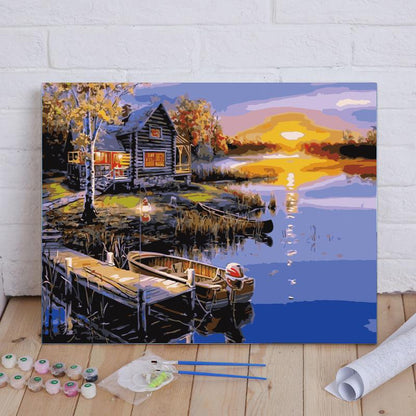 Lakeside Cabin Sunset - 40x50 cm paint by numbers kit