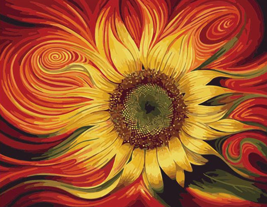 Colorful sunflower painting with swirling red and orange background