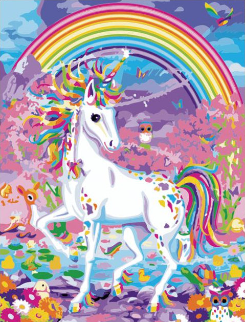 Colorful unicorn and rainbow illustration in a frame on a wall.