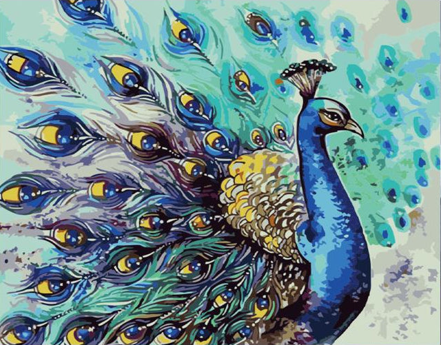 Colorful painting of a peacock on a wooden surface with art supplies.