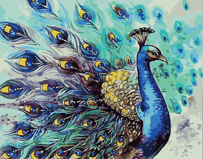 Colorful painting of a peacock on a wooden surface with art supplies.
