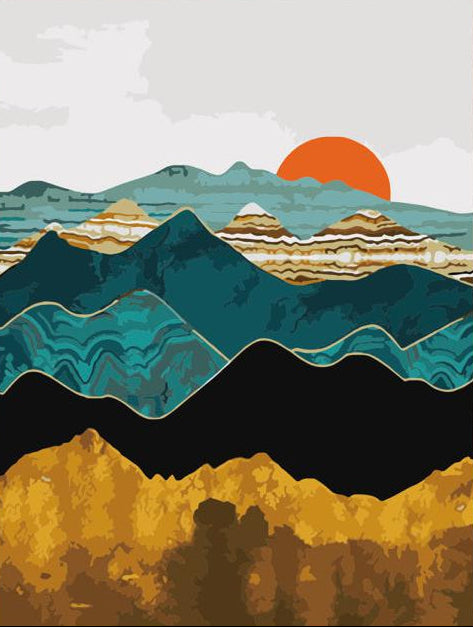 Artistic depiction of mountains with a sunset in the background